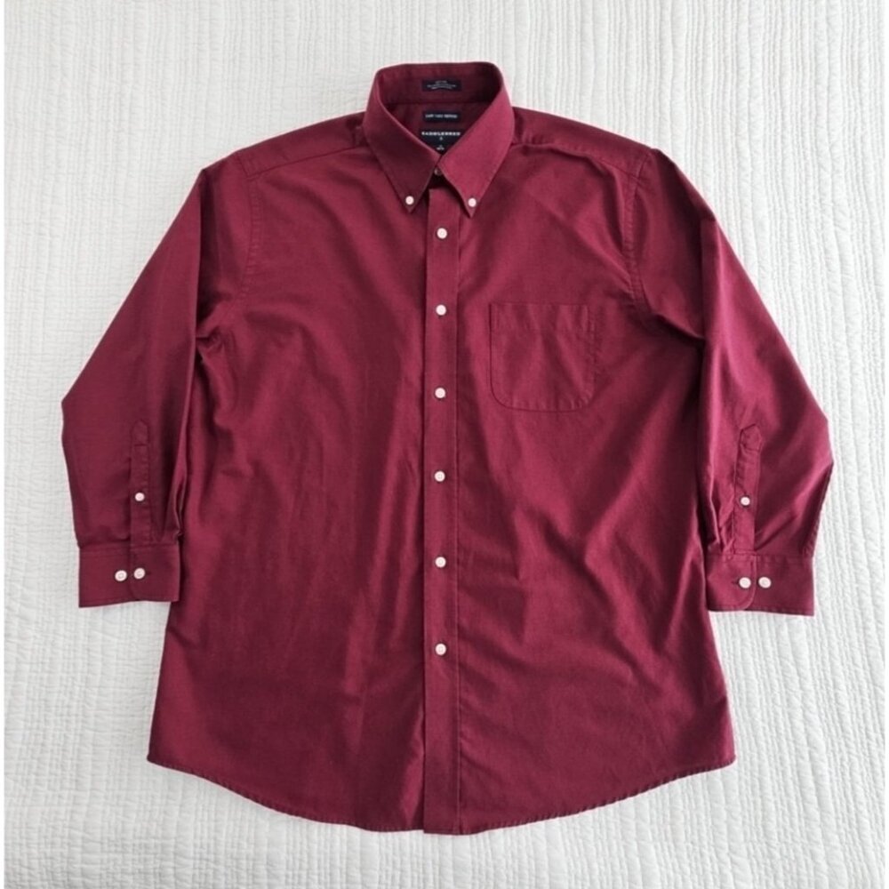 Saddlebred Easy Care Oxford Shirt Men's 17 32/33 Burgundy Button‎ Up Long Sleeve